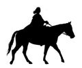 Medieval princess riding horse vector silhouette illustration isolated on white background. Girl in cloak ride horse. Attractive. Royalty Free Stock Photo