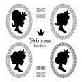 Medieval princess silhouette portraits in vintage victorian frames vector set Royalty Free Stock Photo