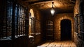 Medieval prison cells, creepy dungeon, dim lights.