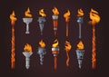 Medieval realistic torch with burning fire set.