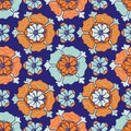 Medieval rose vector pattern seamless background. Azulejo tile style backdrop of hand drawn flower motifs. Neon indigo