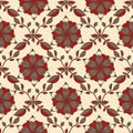 Medieval rose vector pattern seamless background. Azulejo tile style backdrop of hand drawn flower motifs. Red cream