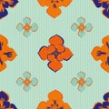 Medieval rose vector pattern seamless background. Azulejo tile style neon orange blue indigo backdrop of hand drawn