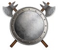 medieval round shield and crossed axes isolated 3d illustration