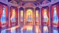 A medieval royal castle ballroom interior with columns, high windows, red curtains, and a glossy floor. Modern cartoon Royalty Free Stock Photo