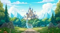 Medieval royal castle surrounded by forest with trees and rocky mountains. Pathway to dream kingdom house. Royalty Free Stock Photo