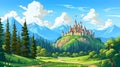 Medieval royal castle surrounded by forest with trees and rocky mountains. Pathway to dream kingdom house. Royalty Free Stock Photo