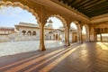 Medieval royal palace made of white marble with stone carving at Agra Fort India at sunrise