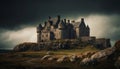 Medieval ruin atop cliff, surrounded by spooky, overcast, foggy landscape generated by AI