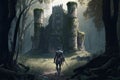 medieval ruins of castle in forest and walking knight passing through forest