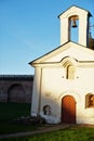 Medieval Russian church in Novgorod Kremlin, Russia, at sunset.