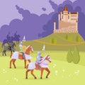 Medieval knights and castle vector illustration Royalty Free Stock Photo