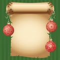 Medieval scroll paper and different vintage gold design Christmas balls on bright ribbon. Vector New Year greeting card