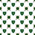 Medieval seamless pattern with green shields and silver swords on the white background