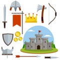 Medieval set of item. European castle with tower Royalty Free Stock Photo