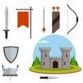 Medieval set of item. Historical subject. Cartoon flat illustration. Old armor and knight weapons Royalty Free Stock Photo