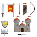 Medieval set of item. Historical subject. Cartoon flat illustration. Old armor and knight weapons Royalty Free Stock Photo
