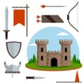 Medieval set of item. Old armor and knight weapons Royalty Free Stock Photo