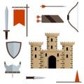 Medieval set of item. Old armor and knight weapons Royalty Free Stock Photo