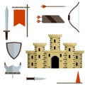 Medieval set of item. Old armor and knight weapons Royalty Free Stock Photo