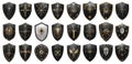 Medieval shields of knights. Cross and sun, sword and crown, phoenix and star signs on ancient shield shapes isolated on Royalty Free Stock Photo
