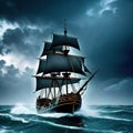 medieval ship is caught in storm in