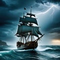 medieval ship is caught in storm in