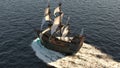 A medieval ship sailing in a vast blue ocean. The concept of sea adventures in the Middle ages. 3D Rendering Royalty Free Stock Photo