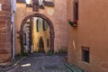 Medieval town. Narrow street ofl village Kaysersberg. Alsace. France Royalty Free Stock Photo