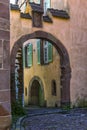 Medieval town. Narrow street ofl village Kaysersberg. Alsace. France Royalty Free Stock Photo