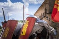 Medieval soldier protects himself from arrows Royalty Free Stock Photo