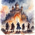 Medieval soldiers in front of a castle in watercolor painting style.