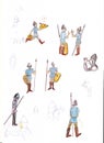 Medieval soldiers - hand drawn color illustration, part of medieval series set Royalty Free Stock Photo