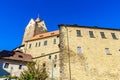 Medieval stone castle with tower under blue sky in europe Royalty Free Stock Photo