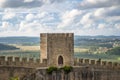 Medieval stone castle tower and walls close up with landscape and blue sky.