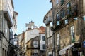 Medieval stone houses street on a sunny day, Santiago de Compostela, Galicia, Spain