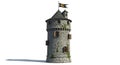 Medieval Stone Tower with Flag Isolated on White Background, Detailed Royalty Free Stock Photo