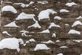 Medieval stone wall is covered with snow, design background with place for text Royalty Free Stock Photo