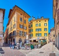 The medieval street with restaurants, Brescia, Italy