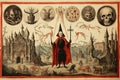 Medieval styled occult art with skeleton and monsters. Ancient icon or old book illustration with mystic religious scene