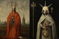 Medieval styled occult art with skeleton and monsters. Ancient icon or old book illustration with mystic religious scene