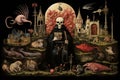 Medieval styled occult art with skeleton and monsters. Ancient icon or old book illustration with mystic religious scene