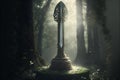 Medieval sword in the dark forest. 3D render. Fantasy illustration. Royalty Free Stock Photo