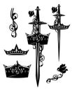 Medieval sword, royal crown, dagger and rose flower black and white vector heraldry