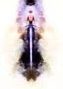 Medieval sword in woman hand and Softly blurred watercolor background.