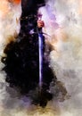 Medieval sword in woman hand and Softly blurred watercolor background.