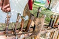 medieval swords and military clothing in a historic re-enactment Royalty Free Stock Photo