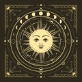 Medieval Symbol of Sun with Phases of Moon and Planents on Black Background