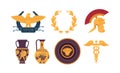 Medieval symbols of Ancient Roman Empire. Set of Eagle blazon, laurel wreath, galea helmet, amphora vases, plate and