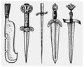 Medieval symbols big set of swords, knife and mace vintage, engraved hand drawn in sketch or wood cut style, old looking